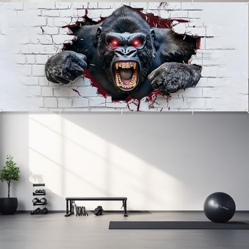 Image of 16x7ft Breaking Wall Gorilla Garage Door Banner- Smashing Brick Wall Backdrop, Large Hanging 2 cars Garage Decorations - for Halloween & Birthday Party Funny Novelty Background Sign, Man Cave Decor
