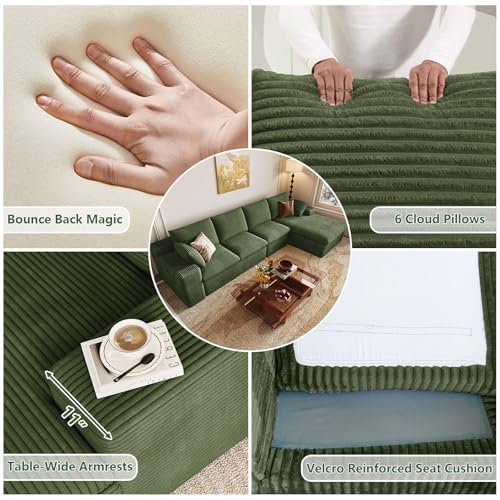 Image of 136 inch Cloud Couch Modular Sectional Sofa for Living Room, L-Shape Boneless Couch with Deep Seat, Modern Corduroy 4-Seater, No Assembly Required (Green,Left-Facing Chaise)