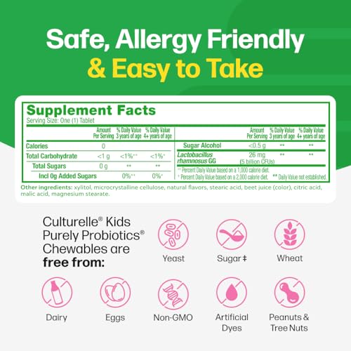 Culturelle Kids Chewable Daily Probiotic for Kids, Ages 3+, 30 Count, #1 Pediatrician-Recommended Brand, Natural Berry Flavored Daily Probiotics for Digestive Health, Oral Care & Immune Support