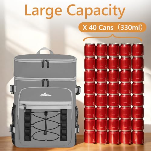 Image of Cooler Backpack, 40 Cans Insulated Lunch Backpack Picnic Backpack for Men&Women, Durable Cooler Bag with 2 Leak Proof Compartments for Picnic, BBQ Camping, Lunch, Beach, Hiking, Gray
