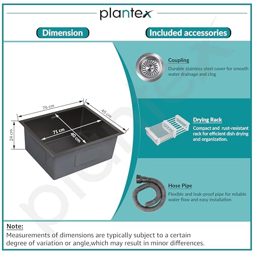 Image of Plantex Stainless Steel Handmade Kitchen Sink /Single Bowl Sink For Kitchen With Drain Rack and Coupling and Waste Pipe /Undermount /Topmount (Black- 30X18 Inches)