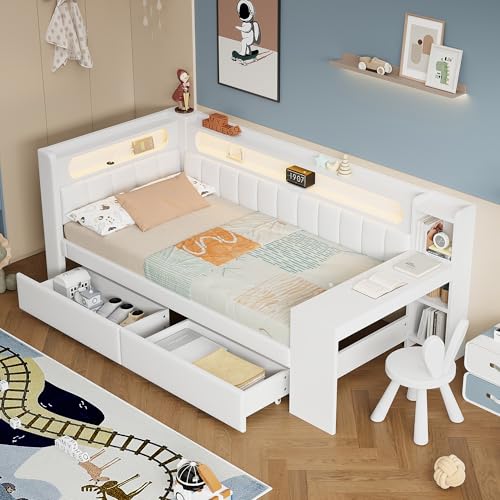 Merax Kinderbett 90x200 cm Einzelbett mit gepolstertem Kopfteil, LED-Ablagefach, Multifunktionsbett mit Schreibtisch, USB-Steckdose und 2 Schubladen, Holzbett mit Lattenrost (Ohne Matratze), Weiß