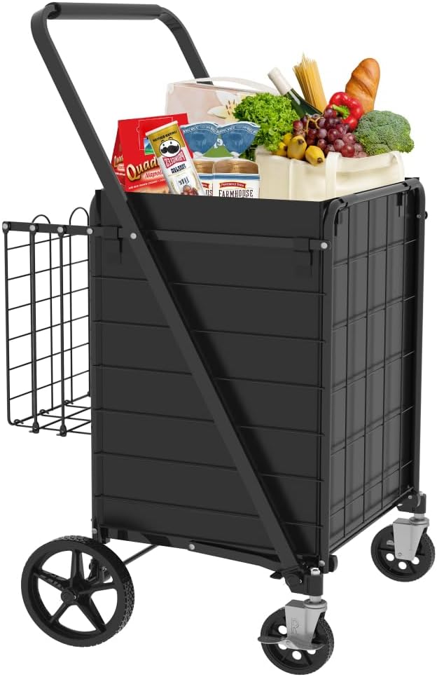 Foldable Shopping Cart with Wheels, Heavy Duty Grocery Cart with 600D Oxford Cloth Liner and Double Baskets for Easy Transport (Antique Black + Metal + Oxford Fabric)