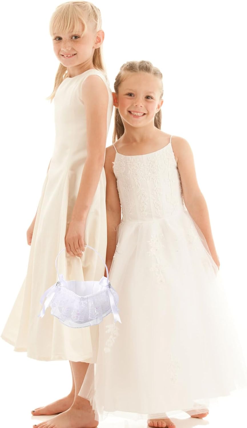 Lace Flower Girl Basket Heart-shaped White Portable Wedding Petal Basket for Wedding Ceremony and Party Supplies