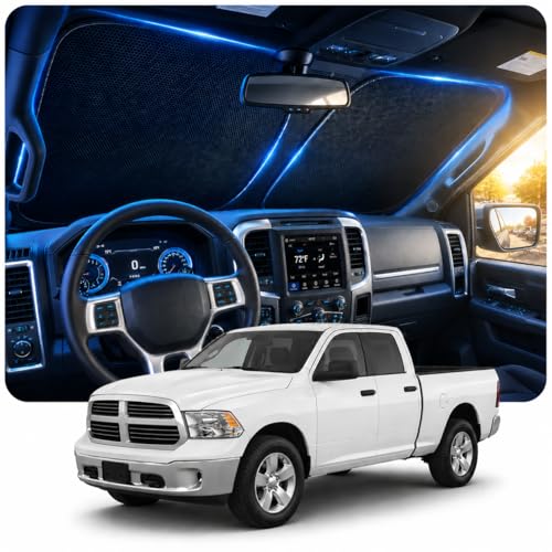 [2026 Upgraded] DooGooCoo Windshield Sun Shade for RAM 1500 2500 3500 2009-2017 2018 [Cooling Ice-Crystal 100% Sun Block] Car Sun Shade Windshield for Truck RAM 1500 Sun Shade Custom for RAM Front.