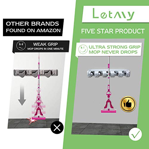 LETMY Broom Holder Wall Mounted - Mop and Broom Hanger Holder - Garage Storage Rack & Garden Tool Organizer - 5 Position 6 Hooks for Home, kitchen, Garden, Tools, Garage Organizing - Thumbnail 4