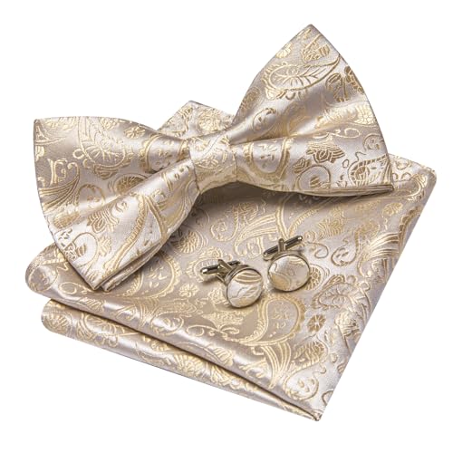 Image of YOHOWA Paisley Striped Men Bow Tie Pre-Tied Formal Adjustable Colorful Bowties Handkerchief Cufflinks Set Wedding Party