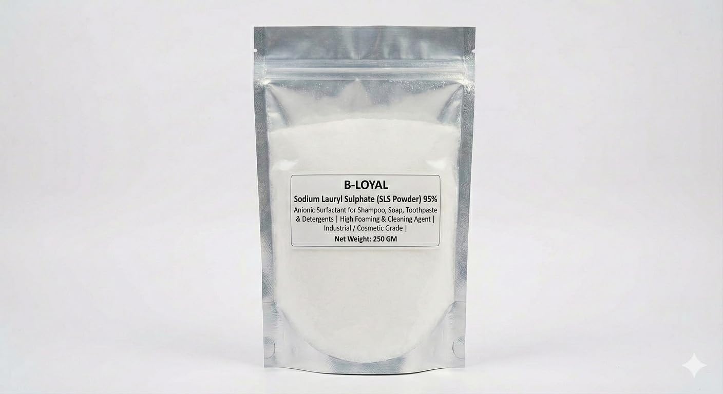 B-LOYAL Sodium Lauryl Sulphate (SLS) Powder 95% | High Active Anionic Surfactant | Foaming Agent for Shampoo, Toothpaste & Detergents | Cosmetic Grade (250 GM)