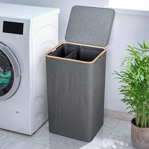 Björn&Schiller Wäschekorb mit Deckel, schmal und hoch, Wäschesammler mit waschbaren Innentaschen, stabiler Bambusrahmen, modern & platzsparend – 100L, 2 Fächer, grau