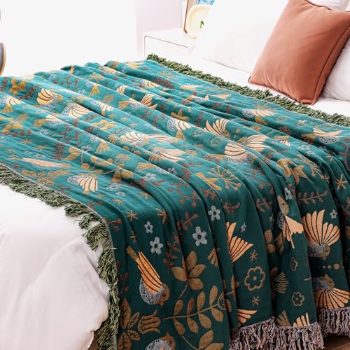 Image of VANJOROY Boho Throw Blanket, 100% Organic Cotton Breathable Ultra Soft 91 inch x 108 inch King Bed Quilt Throw - Floral Rustic Bird Farmhouse Decor Luxury Blanket for Sofa Couch Chair and Gift,Teal /Beige