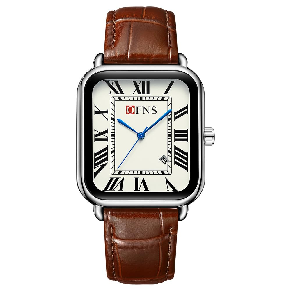 CARLIEN Mens Vintage Dainty Rectangle Square Leather Strap Simple Full Roman Numerals Dial Quartz Watch Gold Silver Tone Case Business Fashion Dress Wristwatch Brown Silver
