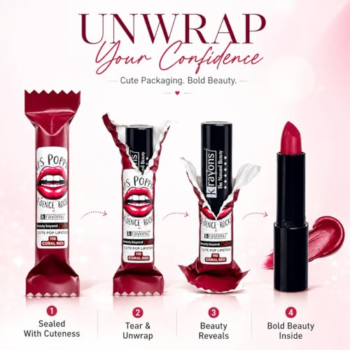 Image of Krayons Cute Pop Matte Lipstick for Women - Shade 110 Coral Red, India's 1st Twist-Wrap Lip Stick, Long Stay Waterproof Lipstic, Rich Pigmented Daily Wear Matt Lipsticks, 3.5g