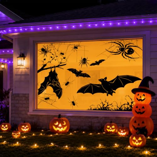 Image of AhfuLife Large Halloween Window Clings Decorations, 12.6 x 35.4 in, 5 Sheets Scary Bat Spider Cobweb Window Stickers Double‑Sided Extra Large Silhouette Reusable Decals for Halloween Home Party Indoor