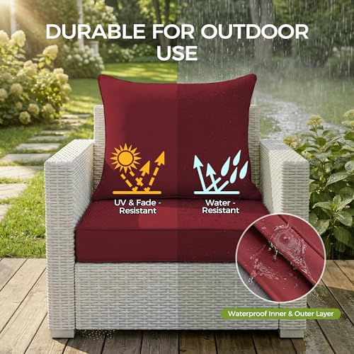 Image of UNIKOME 24 inchx24 inchx4 inch Outdoor Chair Cushions Set - Waterproof Patio Cushions for Outdoor Furniture with Removable Cover, Ties & Handle, Deep Seat Patio Cushions for Sofa Couch - Burgundy