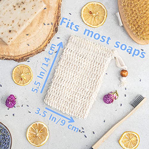 5 Pack Premium Exfoliating Mesh Bags Pouch Soap Saver for Massaging & Scrubbing | 100% Natural Organic Ramie Soap Sock Bag Sisal Loofah Net Bags with Drawstring for Bath & Shower | BONUS 3 Wall Hooks
