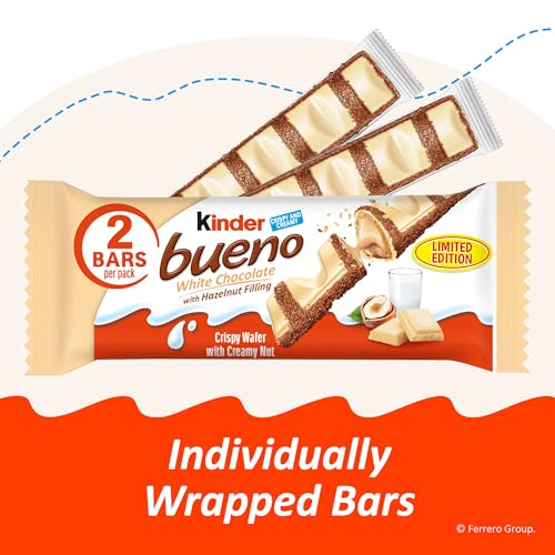 Kinder Bueno White Chocolate Bar, Full Size Candy Bars Bulk Share-Size Pack | Bulk chocolate candy individually wrapped, 2 Kinder Bueno bars per 1.4 oz pack, Halloween candy full size for party favors - image 8