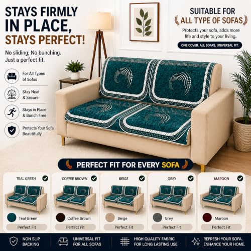 Image of Homerz Premium Chenille Fabric Sofa Cover | Soft, Durable & Dustproof | Decorative Couch Cover (Ghoomar Teal, 2 Seater, Seat Cover with Backrest)