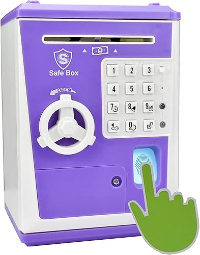 Miniatura 10 de Lyght - Caja fuerte para niños con código por huella dactilar, alcancía parlante, caja de ahorros, cajero automático, para dinero real, gran juguete