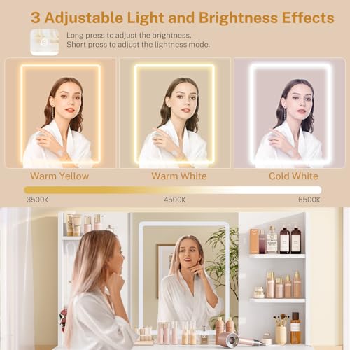 Image of FIONESO Vanity Desk with Mirror and Lights, Makeup Vanity with 9 Drawers & Power Outlet, 5 Hooks & 6 Open Shelves, 3 Lighting Colors & Adjustable Brightness, White Vanity for Girls