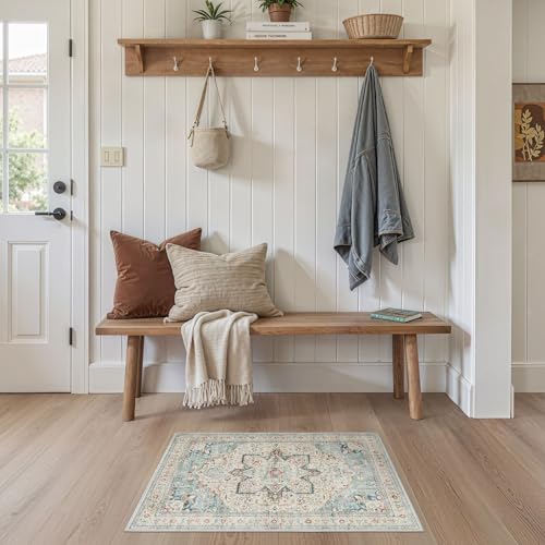 Tortania Area Rug 2x3 Doormat - Washable Vintage Oriental Farmhouse Soft Thin Indoor Carpet for Living Room Bedroom Hallway Entryway Kitchen - Aqua Multi