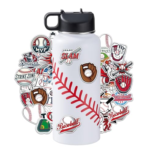 RhythmFit Baseball Water Bottles for Boys 32 oz and 100 PCS Baseball Stickers Sports Insulated Stainless Steel Water Bottle Baseballs Accessories Stuff Gear Gifts For 8-12 12-14 Player