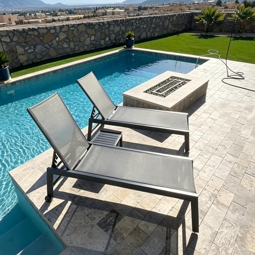 Image of PURPLE LEAF Outdoor Chaise Lounge with Wheels for Outside 2 Pieces Aluminum Patio Lounge Chair with 5 Adjustable Position Sunbathing for Patio, Beach, Yard, Pool, Side Table Included, Grey
