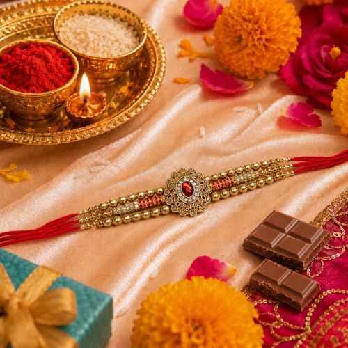 Image of Canton Rakhi Gift For Brother, 2 Rakhi Set For Brother | Rakhi Gift Hamper Rakhi With Roli, Tilak & Greeting Card (Design-6)