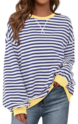 Image of PRETTYGARDEN Womens Striped Oversized Sweatshirt Color Block Crew Neck Long Sleeve Casual Loose Pullover Top Y2K Clothes