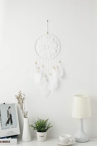 Miniatura 5 de Atrapasueños blancos para dormitorio, decoraciones colgantes hechas a mano con plumas blancas de encaje atrapasueños móvil para decoración de