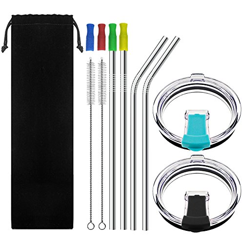 DaKuan Trinkhalm-Set mit Deckel und Edelstahl-Trinkhalmen, FDA-zugelassen, extra lang, 26,7 cm, 13 Stück Trinkhalme mit Bürsten und Spitzen, Abdeckung für 900 ml Edelstahl-Trinkgläser