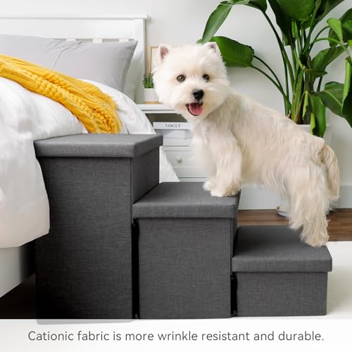 Image of Zerbuger Dog Stairs with Storage 18 inch H, 3-Step Wider Dog Steps for Small /Medium /Large Old Dogs Cats, Folding Sturdy Pet Stairs Climbing Bed Couch, Ramp for Car Hold Up to 200 lbs (Dark Grey, No Condo)