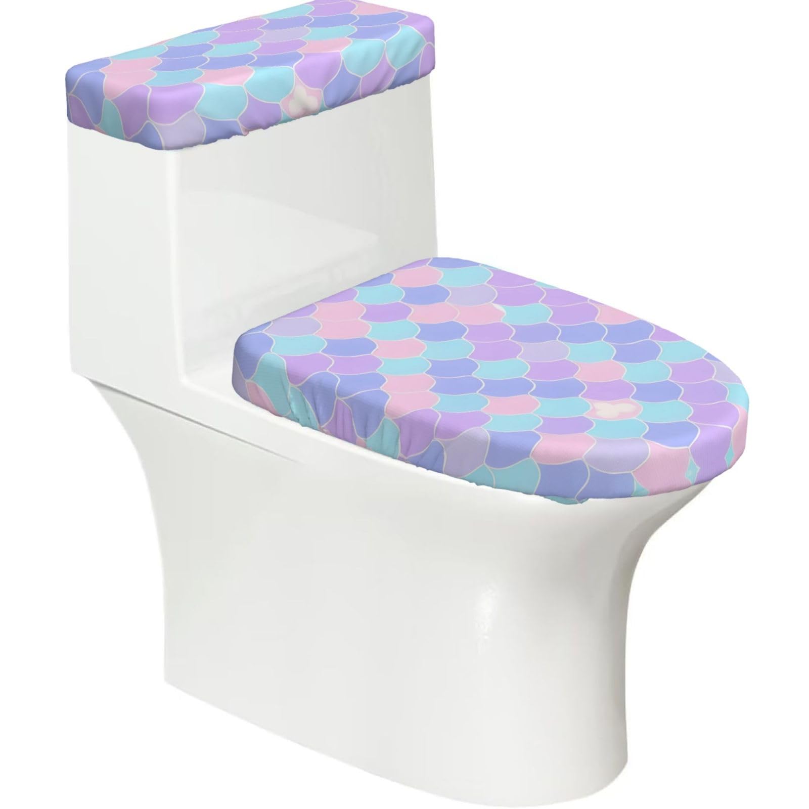 Mermaid Tattoo Elastic Toilet Cover Set of 2-Stretchy Lid and Tank Covers for Bathroom, Soft Washable U Shape Toilet Decor