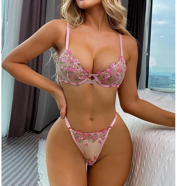 Sexy Lingerie Set for Women 2 Piece Underwired Push Up Bra+G-String Nightwear Lace See-Through Babydoll Underwear - Image 4