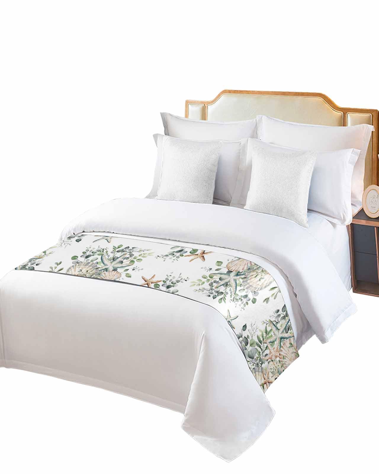 Sage Green Eucalyptus Bed Runner for King Size, Summer Starfish Coastal Bedspread Protector Slipcover Bed Scarf for Foot Runners & Scarves for Bedroom Hotel Wedding Room 102x20 Inches