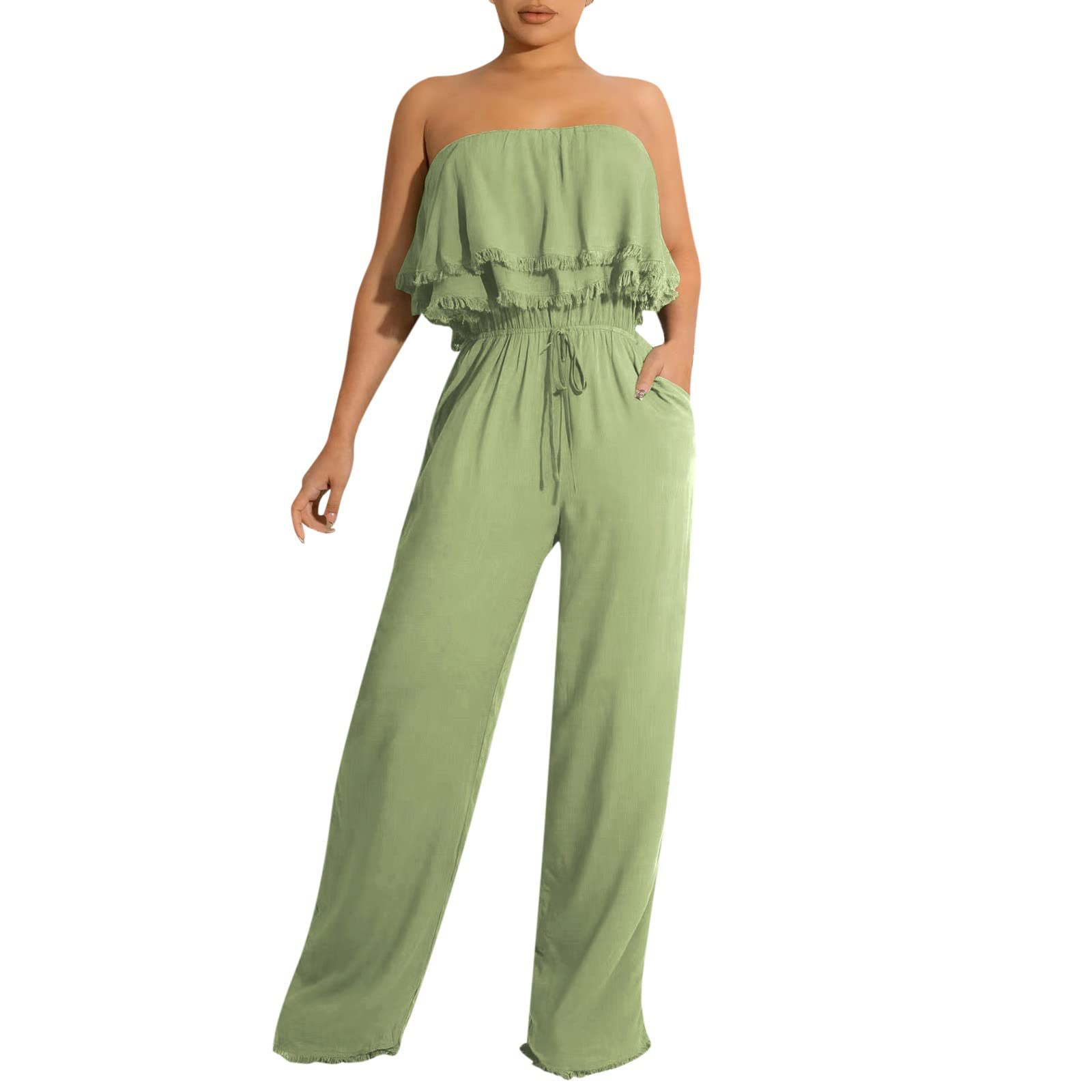 Khawlaجمبسوت صيف نسائي 2023 New European And American Women's Solid Color Sleeveless Casual Wrap Chest Ruffled Jumpsuit Women Summer Jumpsuit 2023