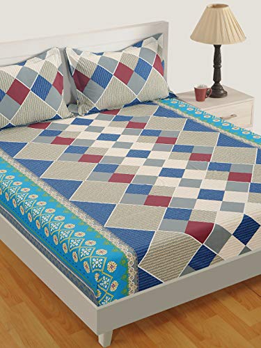 Image of Swayam Pure Cotton King Bedsheet with 2 Pillow Covers | 160 TC Soft Breathable Bed Sheet | Geometric Printed | Size 108 x 108 inch | Comfortable & Durable for Bedroom - Blue & Beige