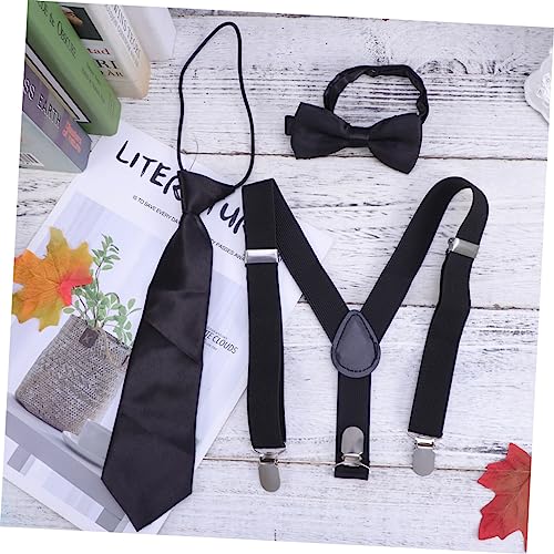 FRCOLOR 3Pcs Suspenders and Necktie Set Solid Color Elastic Bow Tie and Clip Braces for Boys and Comfortable Back Design for Formal Occasions and Everyday Wear2