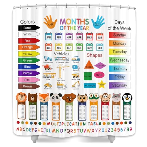 Image of Funny Kids Shower Curtain, ABC Educational Restroom Curtain with Vehicle Smathematical Knowledge for Boys Girls, Gute Pupil Students Learning Tools Cloth Fabric Bathroom Accessories Decor with Hooks