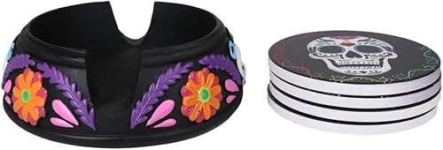 Miniatura 4 de Ebros Gift Juego de posavasos de resina floral con diseño de calavera de azúcar, diseño gótico tribal con 4 flores de calavera de azúcar, juego de