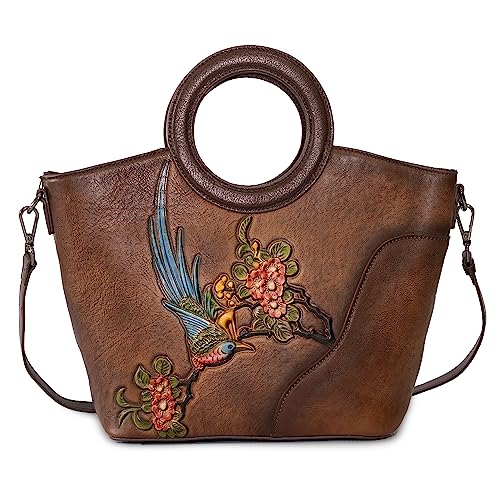 Image of Genuine Leather Satchel for Women Top Handle Bags Handmade Purse Vintage Embossed Leather Crossbody Handbags Hobo Bag