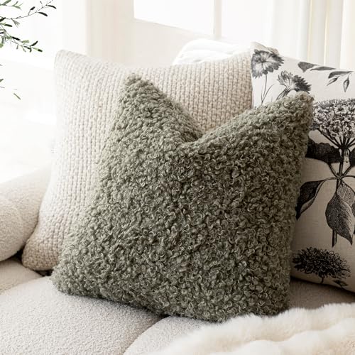 Image of Foindtower 2 Pieces 24x24 Inch Sage Green, Faux Fur Throw Pillow Cover Accent Sherpa Pillow Fuzzy Soft Pillowcases Sheepskin Decorative Fleece Cushion Case for Bed Couch Living Room
