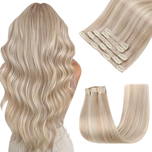 Image of Easyouth Clip in Hair Extensions Highlight Clip in Human Hair Extensions Warm Ash Blonde Highlights Bleach Blonde Real Human Hair Extension Clips ins 20 Inch 80G 5Pcs