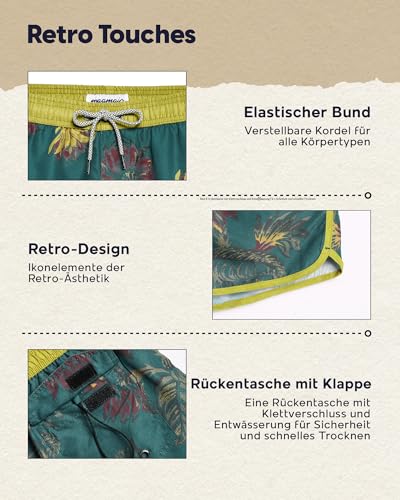 maamgic Badehose Herren Kurz 70s 80s 90s Vintage Badeshorts für Männer Schnelltrocknende Schwimmhose Retro mit Meshfutter und Verstellbar Tunnelzug Gelb Dunkelgrün L 5