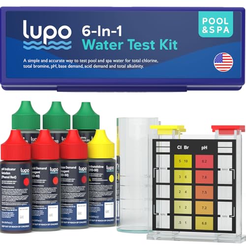 Lupo 6-in-1 Pool Test Kit | Pool Testing Kit for Residential Swimming Pools & Spas for Testing Total Chlorine, Total Bromine, pH, Base Demand, Acid Demand & Total Alkalinity Quick & Accurate Testing