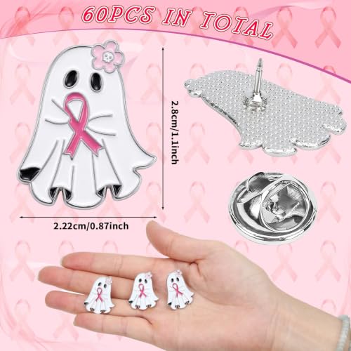 Image of 60Pcs Breast Cancer Awareness Lapel Pins Pink Ribbon Ghost Accessories | vital cause! SANNIX 60-piece alloy pins combine Halloween fun with Breast Cancer Awareness. Durable.