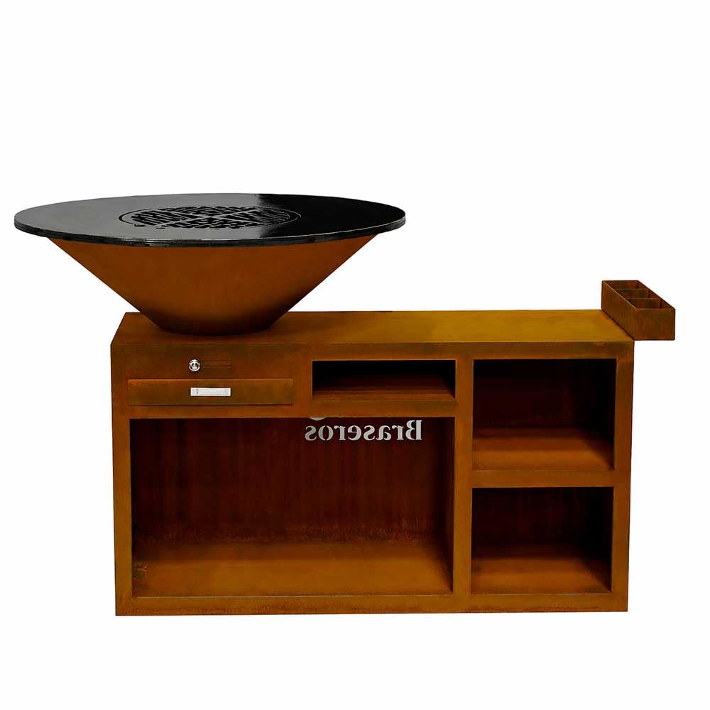 Braséro Plancha Grill Barbecue en Acier Corten Ø100cm avec Meuble Rectangle de Rangement pour Le Bois | Jardin, Terrasse, Extérieur