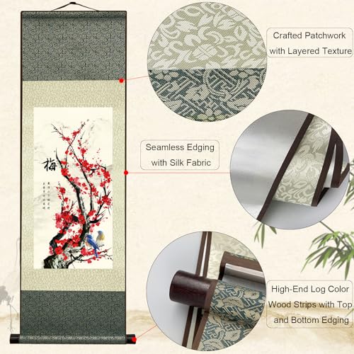 Arte de pared asiático para sala de estar con elegante diseño de pergamino de seda vertical 3