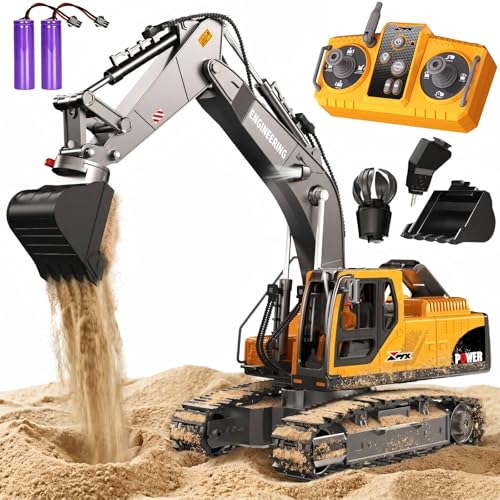 GraceDuck 3-in-1 RC Bagger Spielzeug mit Metall-Aufsätzen - 2,4GHz Ferngesteuerter Bagger für Sandkasten & Outdoor, 680° Drehbarer Spielzeug Bagger, Sandspielzeug Geschenk für Kinder ab 6-12 Jahren