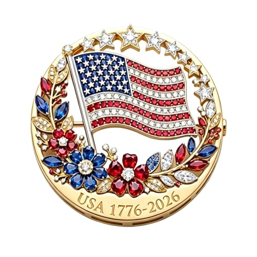 US 250th Anniversary Enamel Brooch Pin 2.05in American Flag Rhinestone Lapel Pin Gold 1776-2026 Patriotic Floral Star Badge Patriotic Jewelry for Independence Day Gift (1pc)