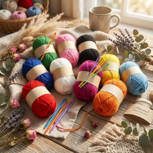 Image of 12 Color Wool Oon Yarn Balls Set with Plastic Needles for Knitting & DIY Crafts | Soft Acrylic Yarn for Beginners, Kids Craft Kit, Crochet & Embroidery Supplies